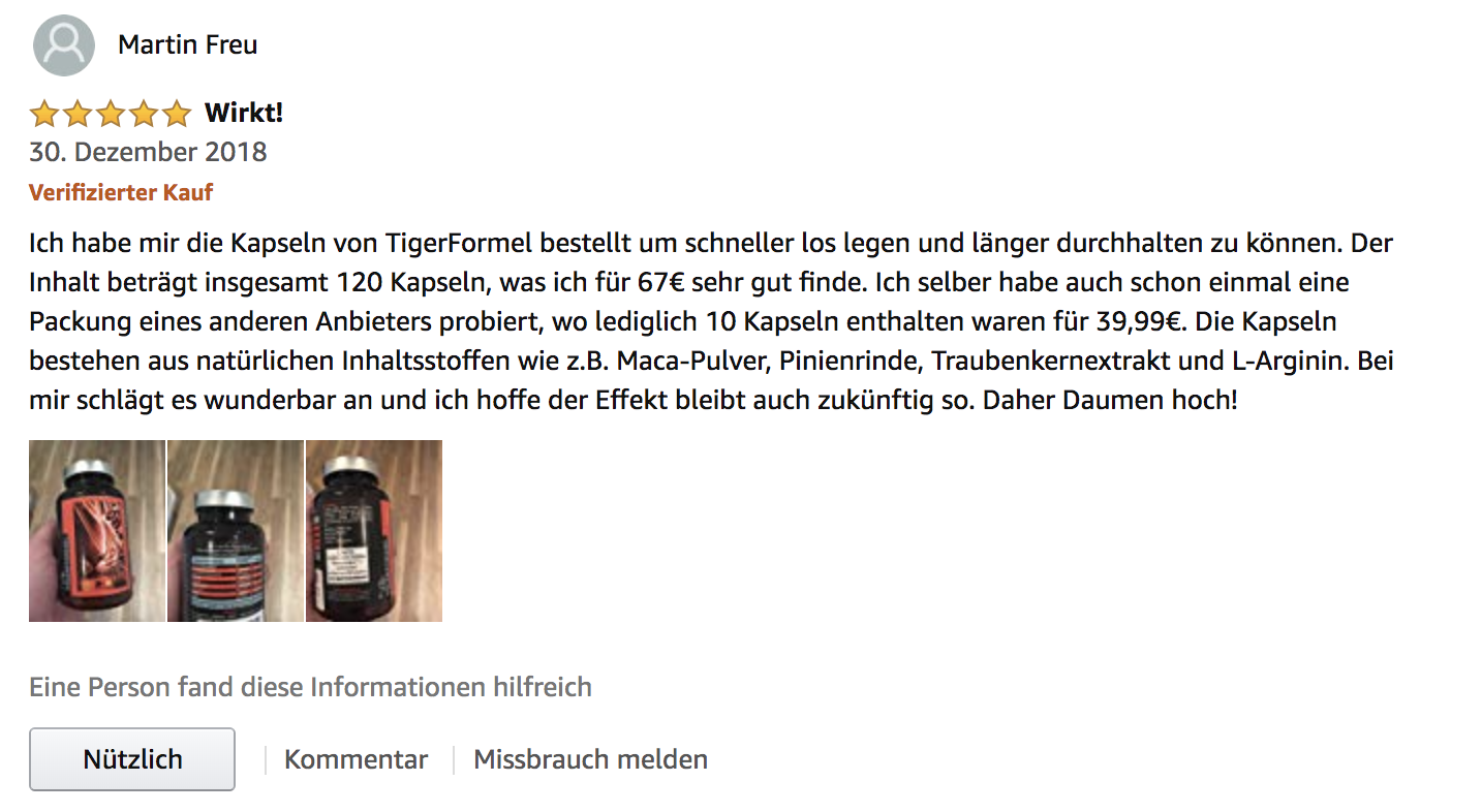 Verifizierte Kundenbewertung TigerFormel
